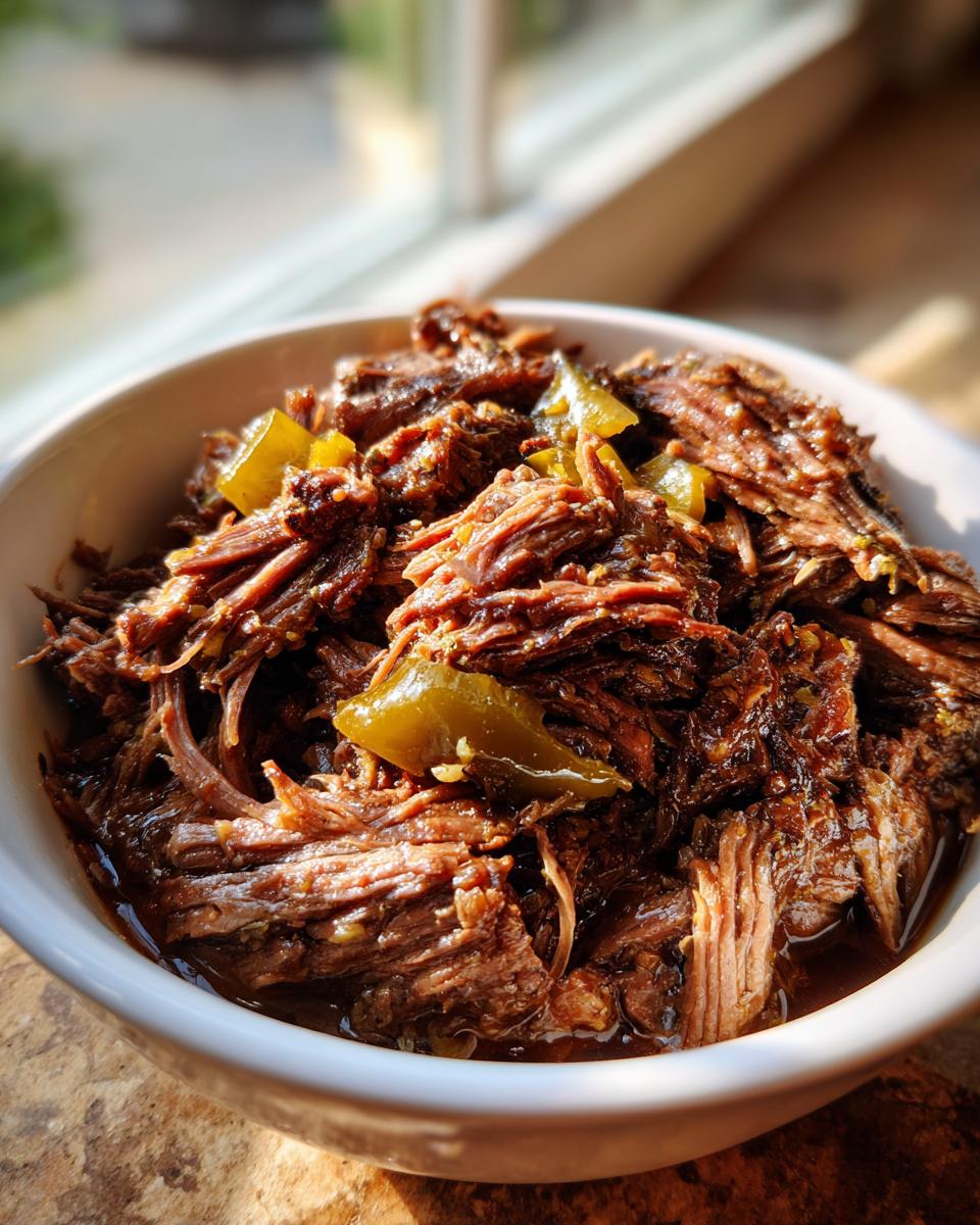 Close-up of shredded Mississippi pot roast in a white bowl, with visible green peppers and rich gravy.