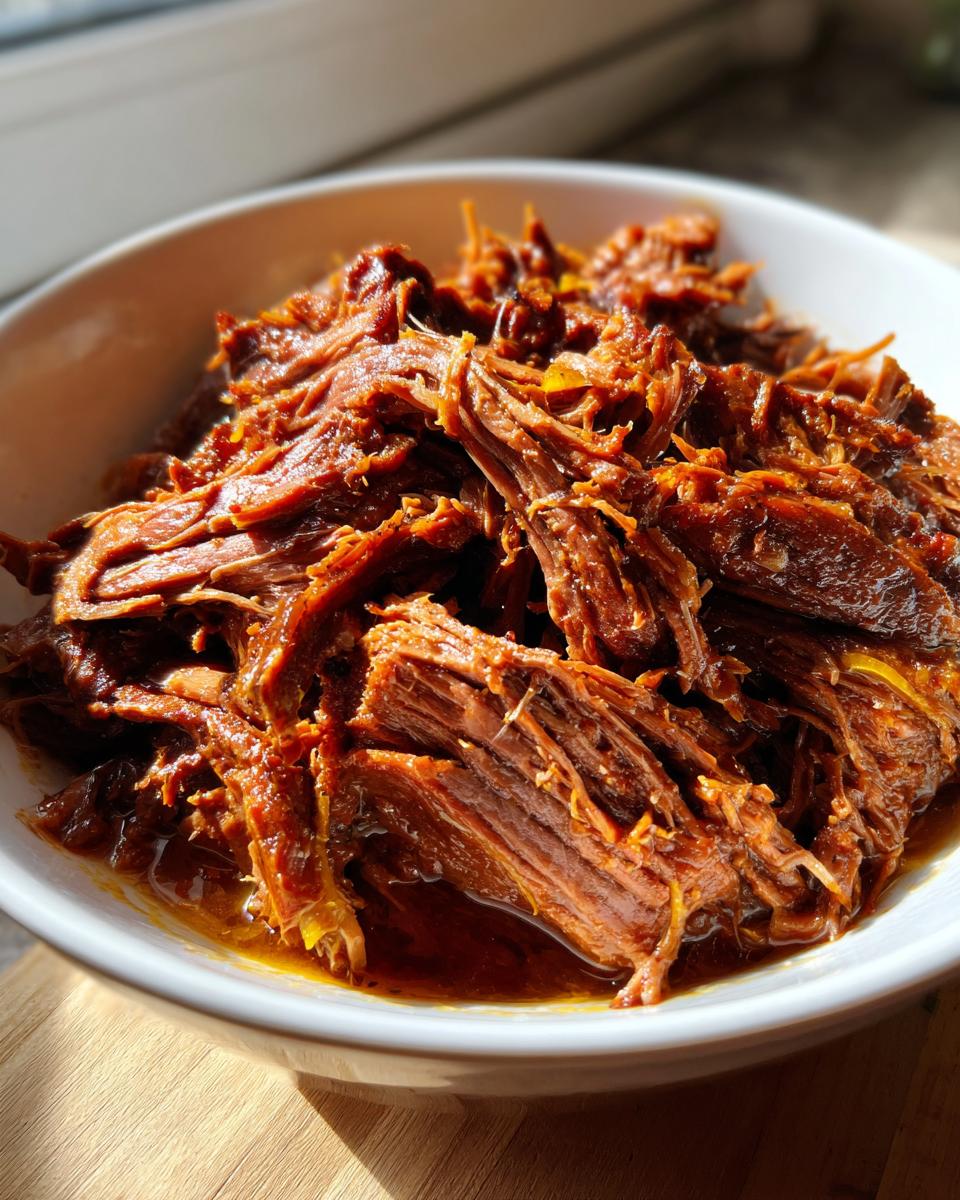 A close-up of shredded, tender Mississippi pot roast in a white bowl with rich gravy.