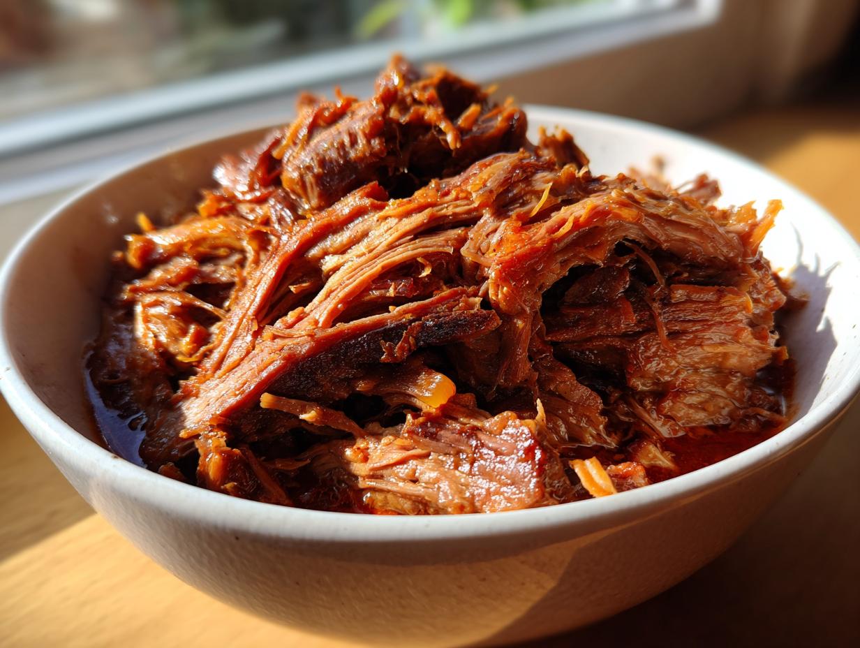 A close-up of a white bowl filled with shredded, tender Mississippi pot roast, glistening with its own juices.