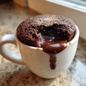 A decadent molten lava mug cake oozing chocolate from a white mug. Ready to eat!