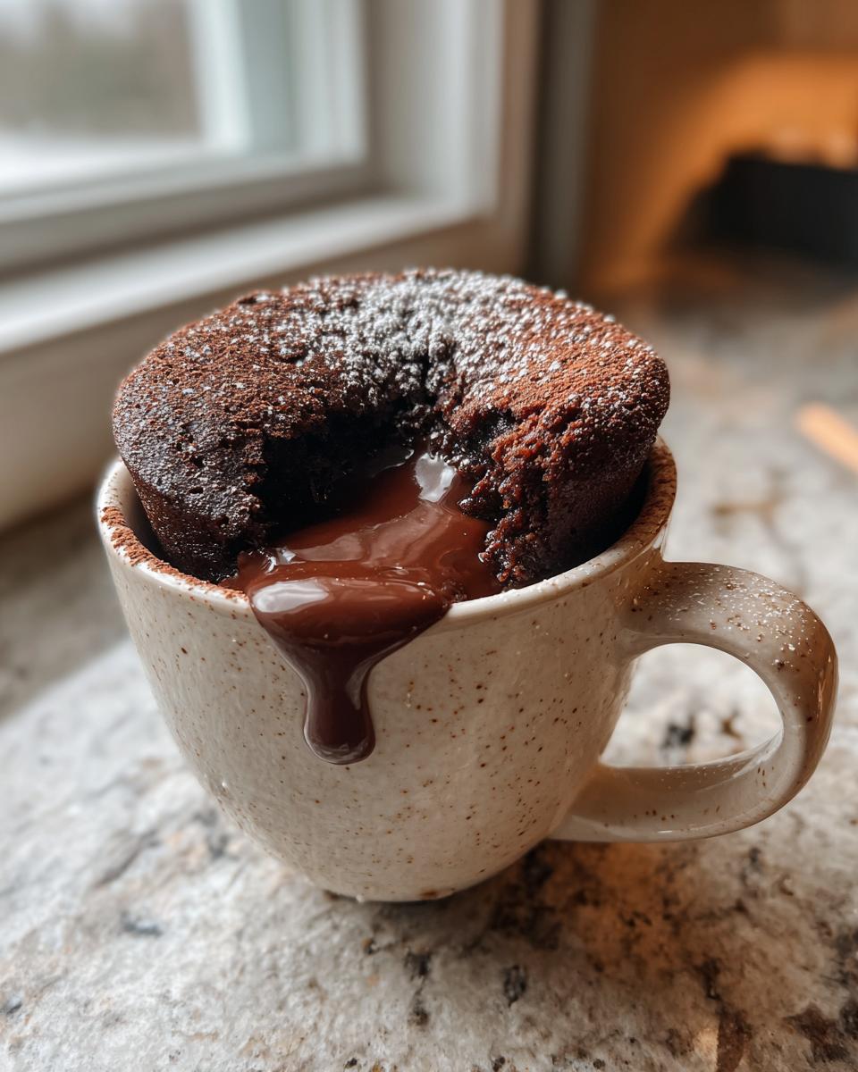 A warm molten lava mug cake oozing chocolate, topped with powdered sugar.