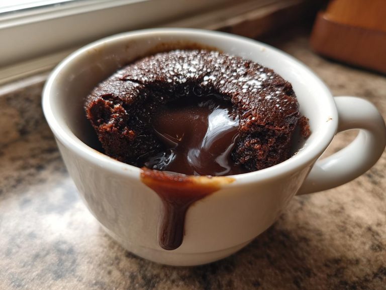 A close-up of a molten lava mug cake in a white mug, featuring a gooey chocolate center.