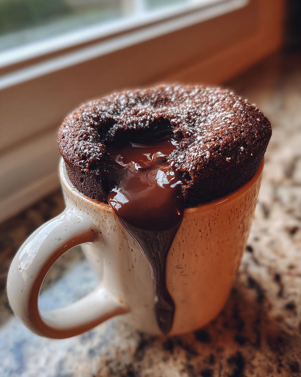 A decadent chocolate molten lava mug cake, dusted with powdered sugar, overflowing with melted chocolate.