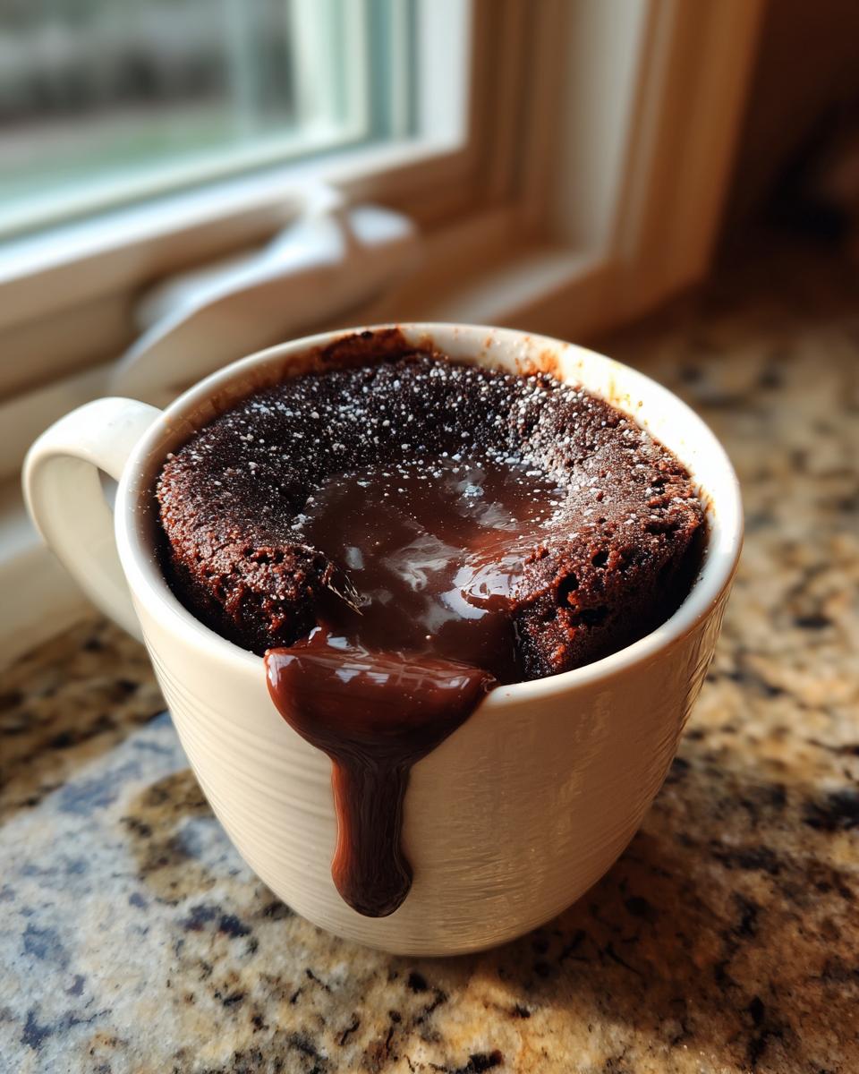 A decadent molten lava mug cake with chocolate oozing out of a white mug, dusted with powdered sugar.