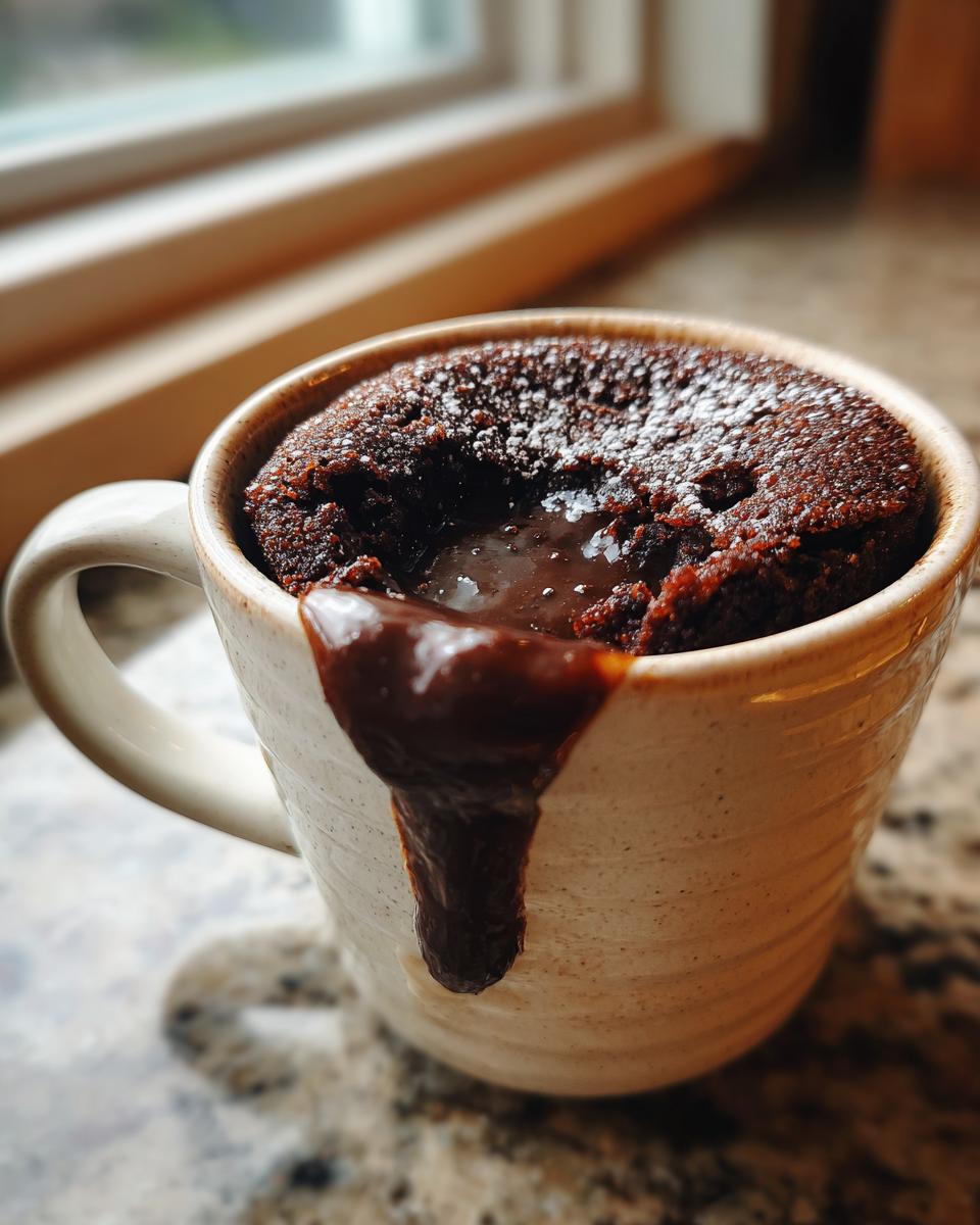 A decadent molten lava mug cake with chocolate oozing out, topped with powdered sugar.
