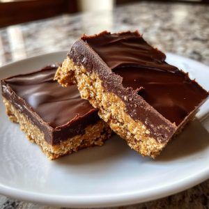 Two no-bake peanut butter bars with a chocolate topping, sitting on a white plate.