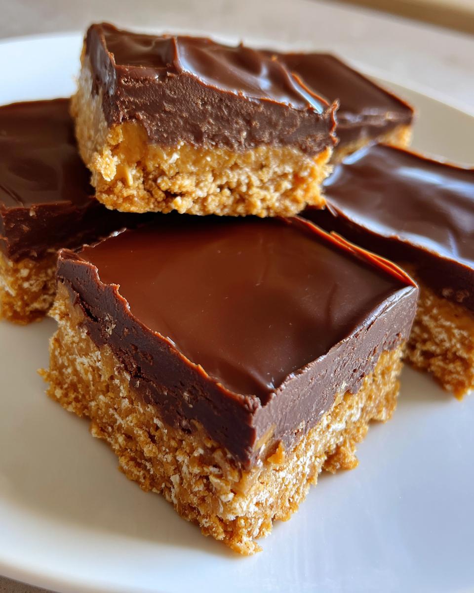 A stack of no-bake peanut butter bars with a smooth chocolate topping on a white plate.