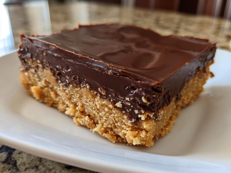 A close-up of a no-bake peanut butter bar with a chocolate topping on a white plate.