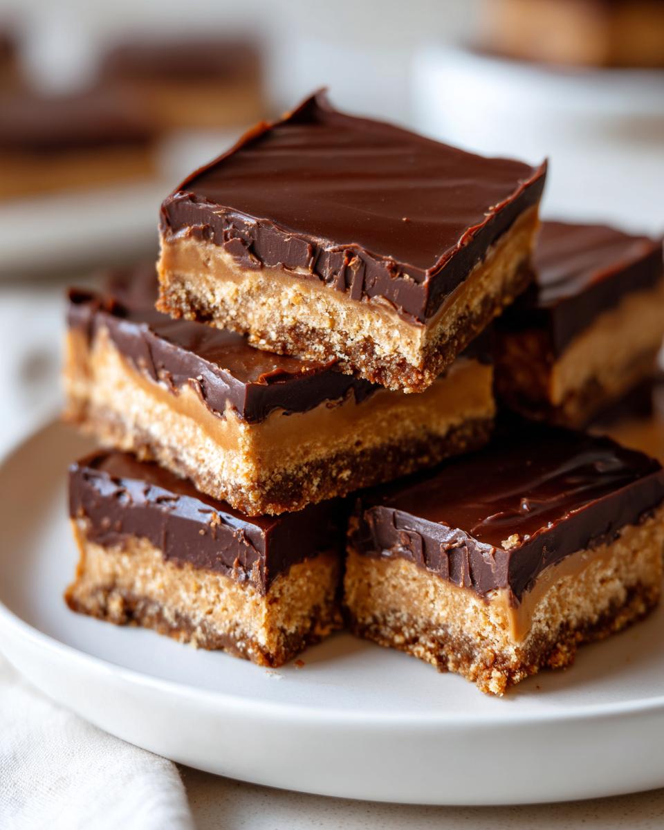 A stack of delicious no-bake peanut butter bars with chocolate topping on a white plate.