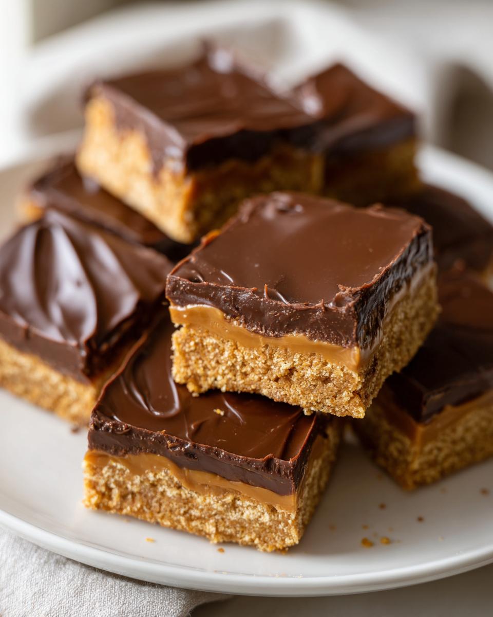 A stack of delicious no-bake peanut butter bars with chocolate topping on a white plate.