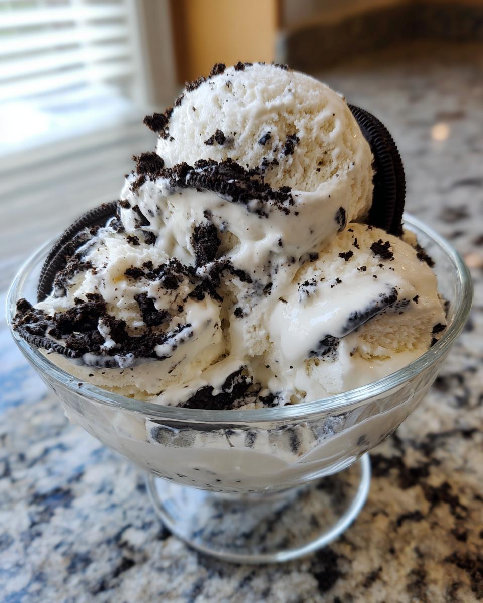 A glass bowl filled with scoops of no churn Oreo ice cream, topped with crushed Oreo cookies.