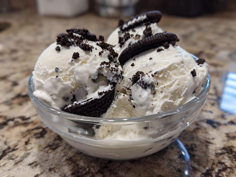 A glass bowl filled with scoops of no churn Oreo ice cream, topped with Oreo cookies and crumbs.