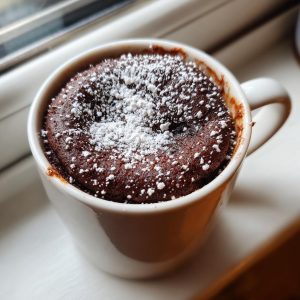 A freshly baked Nutella mug cake in a white mug, topped with powdered sugar.
