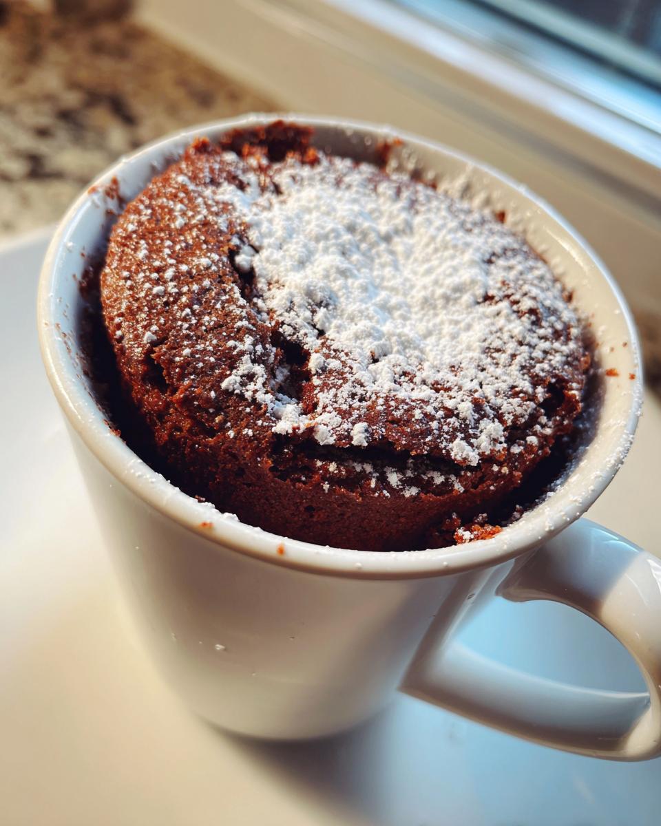A freshly baked Nutella mug cake in a white mug, topped with powdered sugar.