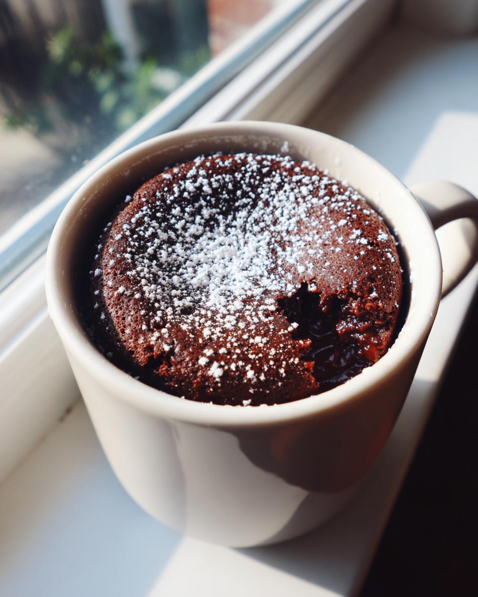 A warm Nutella mug cake in a mug, topped with powdered sugar, sits on a windowsill.