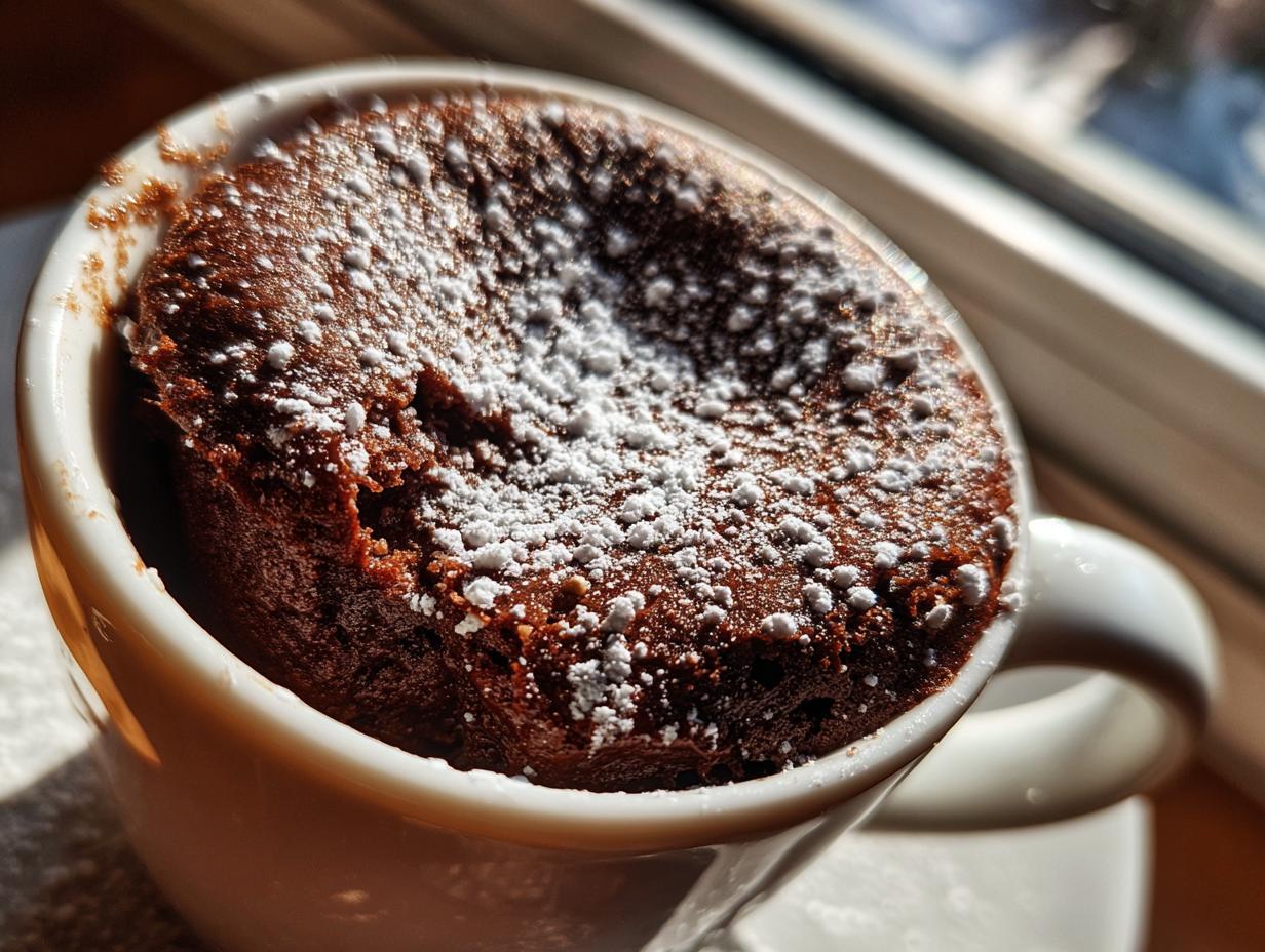 Close-up of a Nutella mug cake in a white mug, topped with powdered sugar.