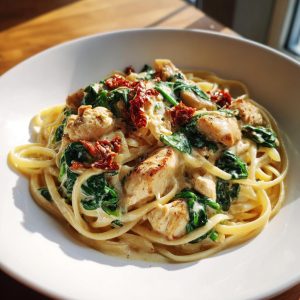 A bowl of one pot creamy Tuscan chicken pasta with spinach and sun-dried tomatoes.