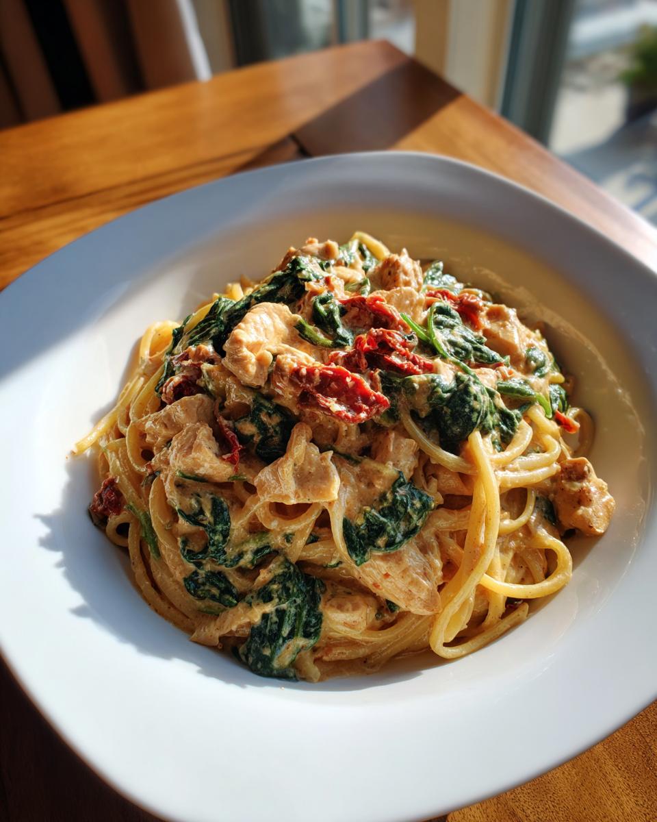 A delicious bowl of one pot creamy Tuscan chicken pasta with spinach and sun-dried tomatoes.
