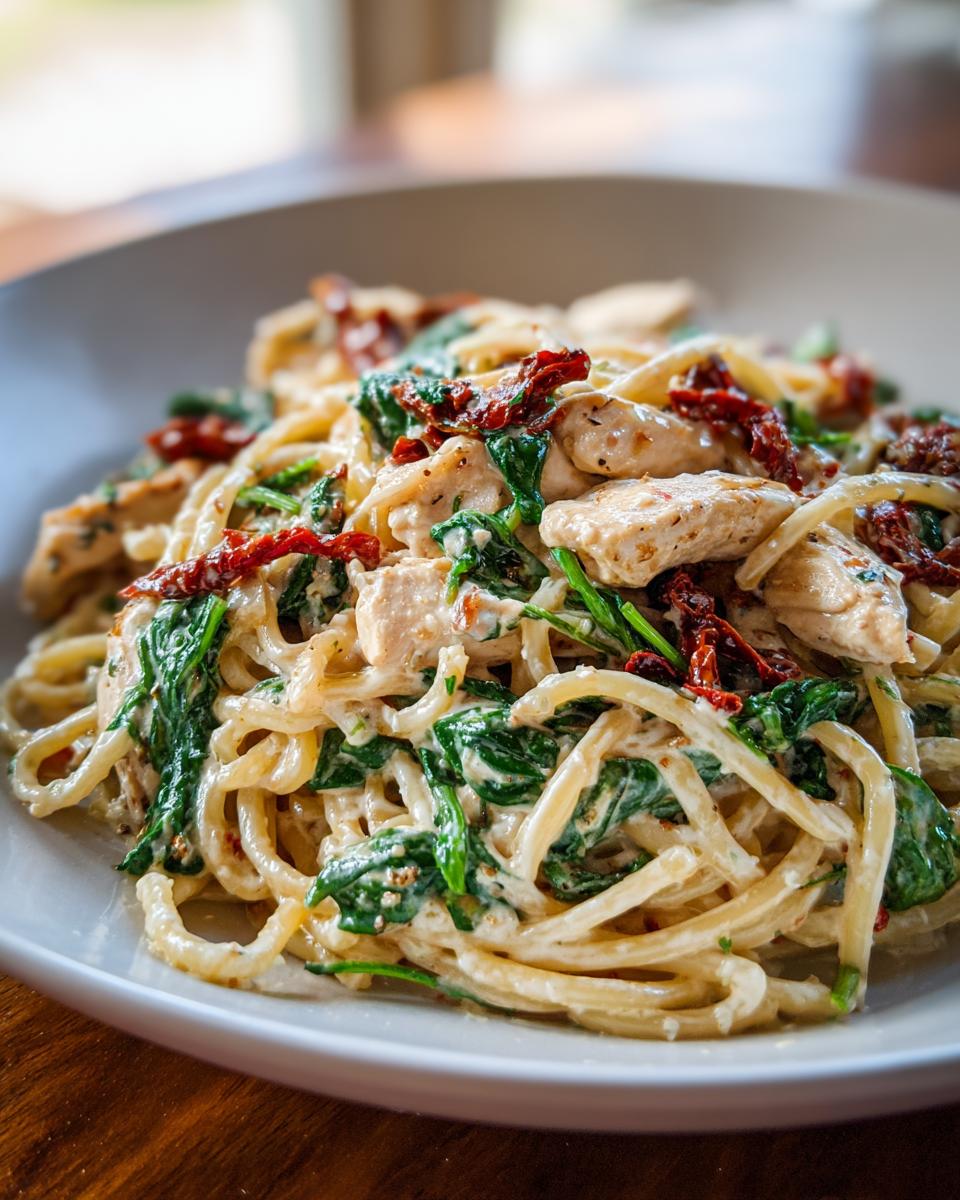 A delicious plate of one pot creamy Tuscan chicken pasta with spinach and sun-dried tomatoes.