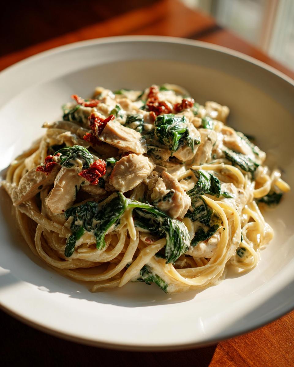 A plate of One pot creamy Tuscan chicken pasta with spinach and sun-dried tomatoes.