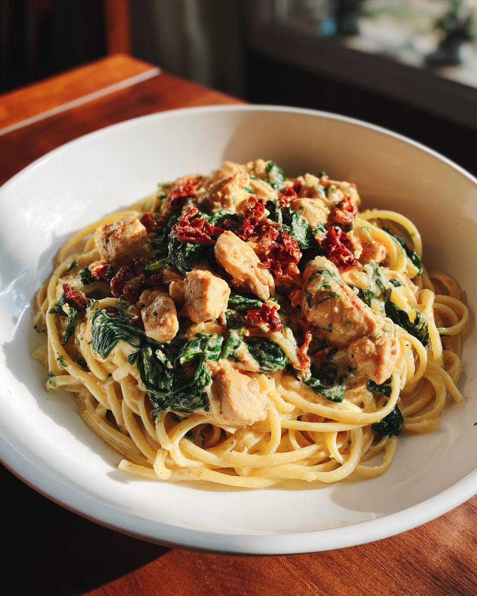 A bowl of One pot creamy Tuscan chicken pasta with spinach and sun-dried tomatoes.