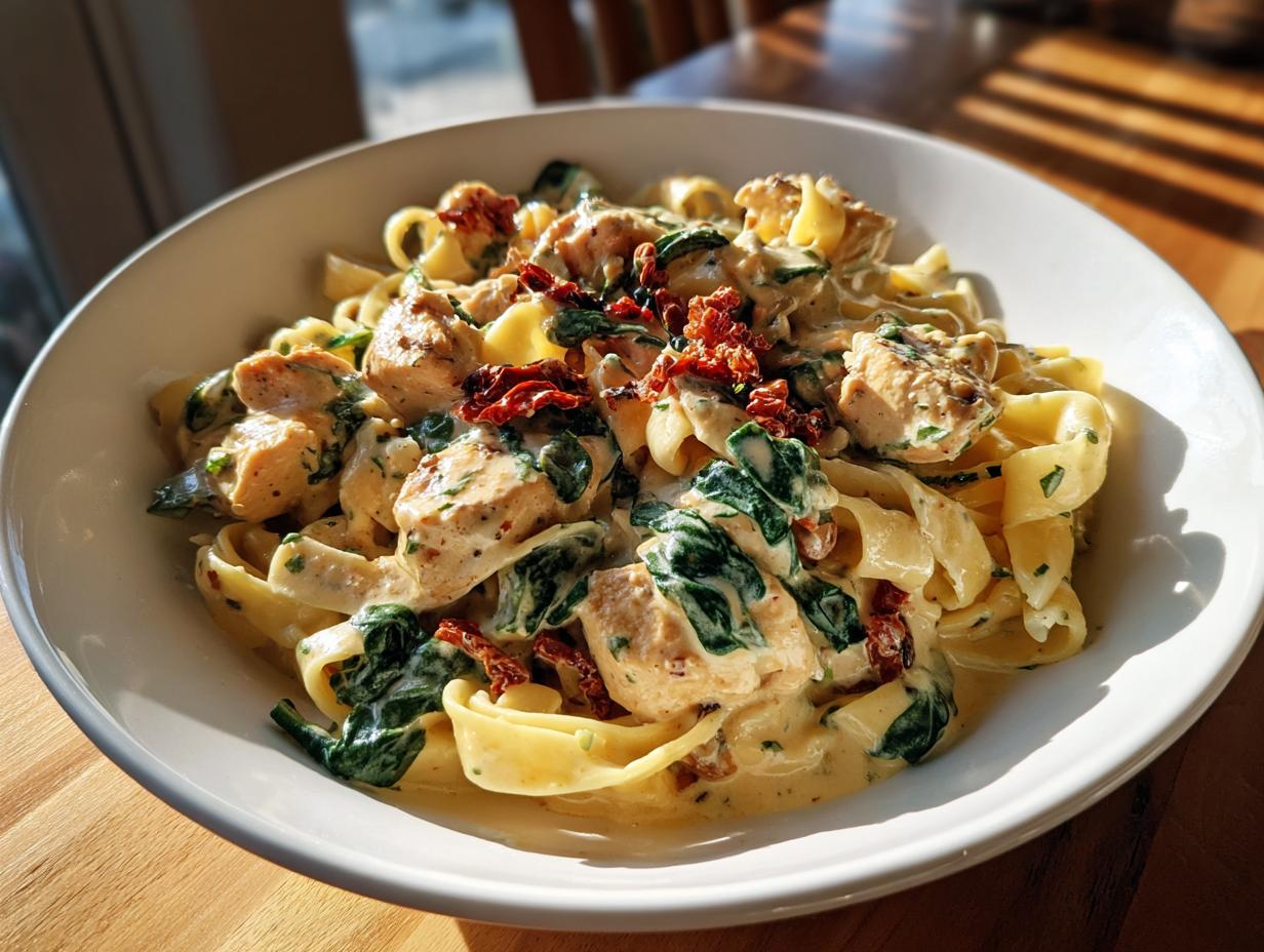 Bowl of one pot creamy Tuscan chicken pasta with spinach and sun-dried tomatoes.