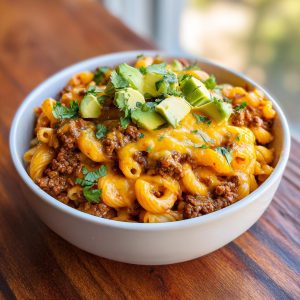 A bowl of cheesy one pot taco pasta, topped with avocado and cilantro.