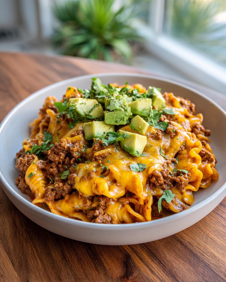 A bowl of one pot taco pasta topped with cheese, ground beef, avocado, and cilantro.