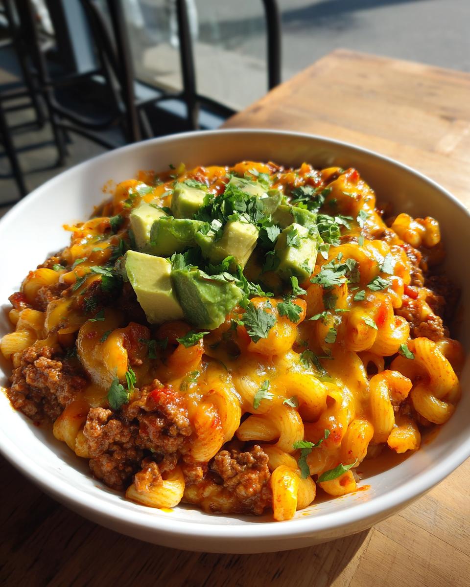 A bowl of one pot taco pasta topped with melted cheese, avocado, and cilantro.