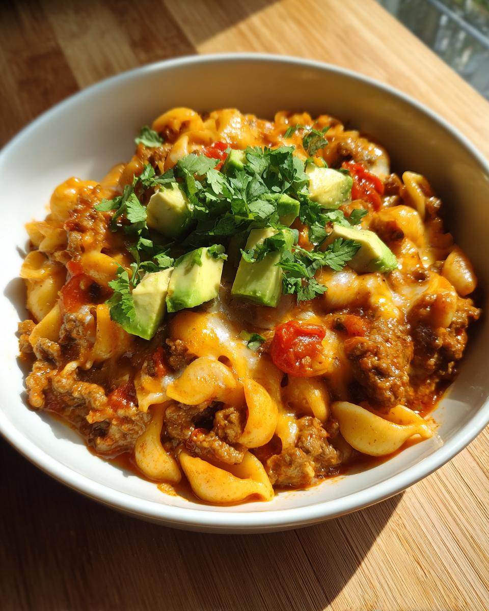 A bowl of cheesy one pot taco pasta, garnished with avocado and cilantro.