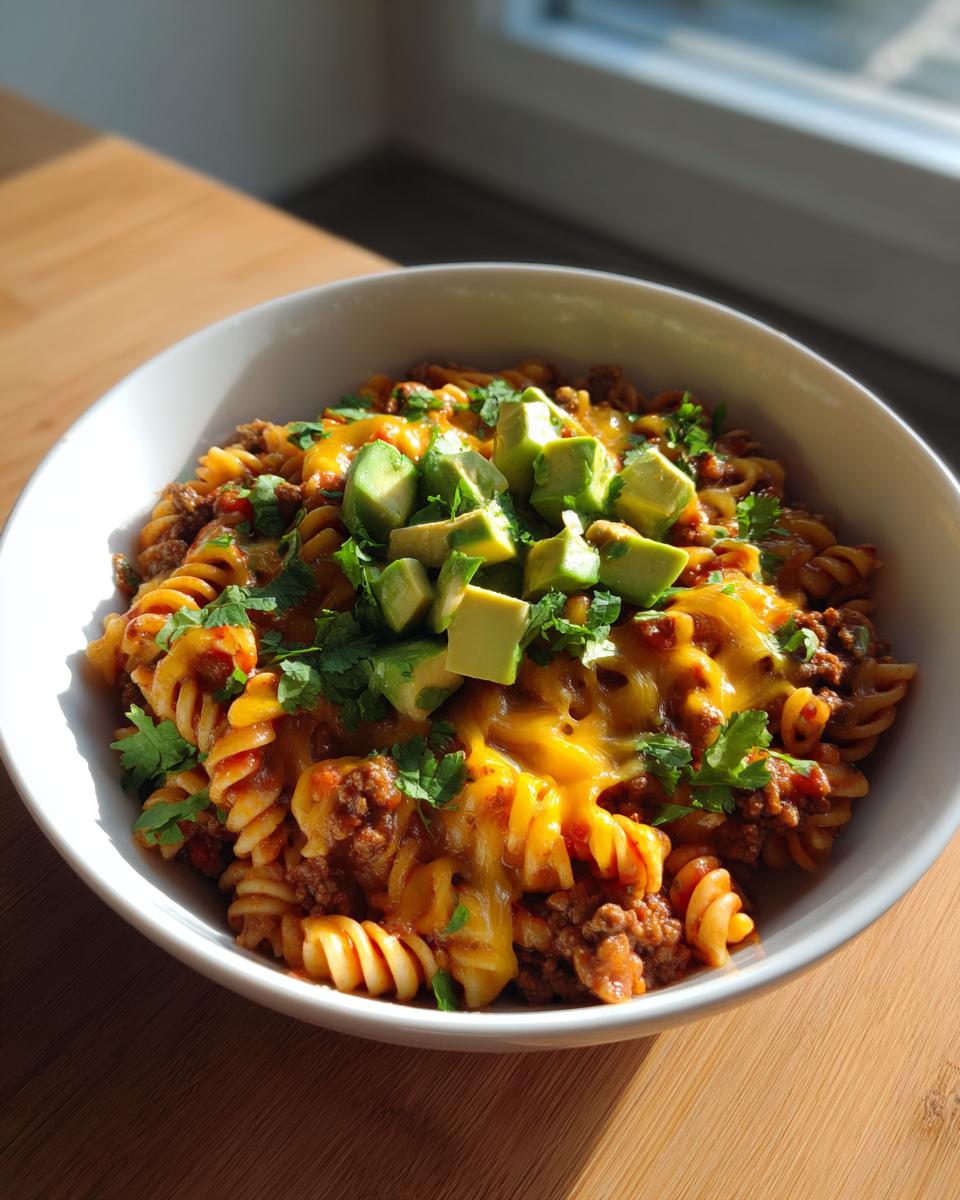 A white bowl filled with one pot taco pasta, topped with melted cheese, avocado, and cilantro.