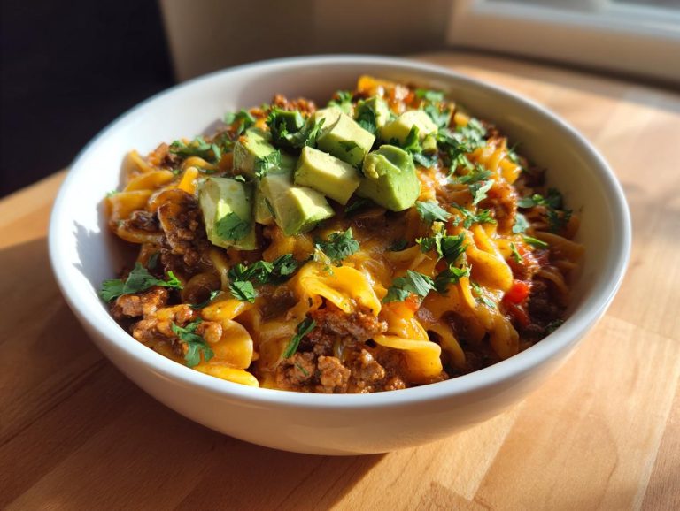 A bowl of cheesy one pot taco pasta topped with avocado and cilantro, ready to eat.