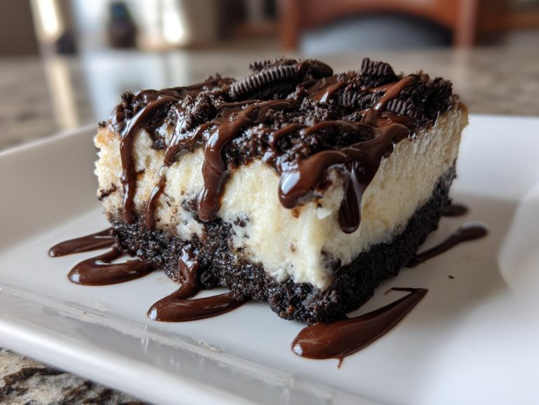 A decadent Oreo cheesecake bar topped with chocolate drizzle and Oreo pieces on a white plate.