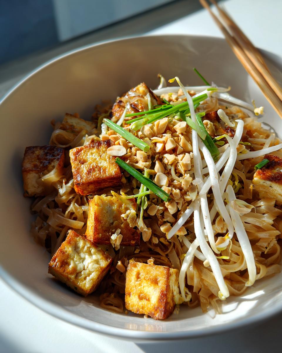 Close-up of Pad Thai with tofu, bean sprouts, peanuts, and green onions in a white bowl, ready to eat.