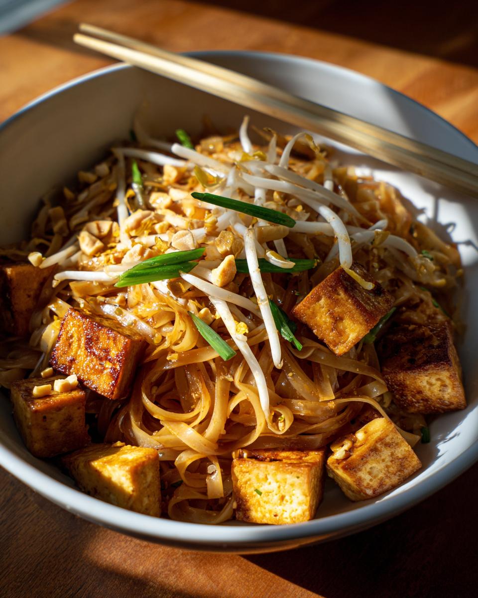 A bowl of Pad Thai with tofu, bean sprouts, peanuts, and green onions, served with chopsticks.