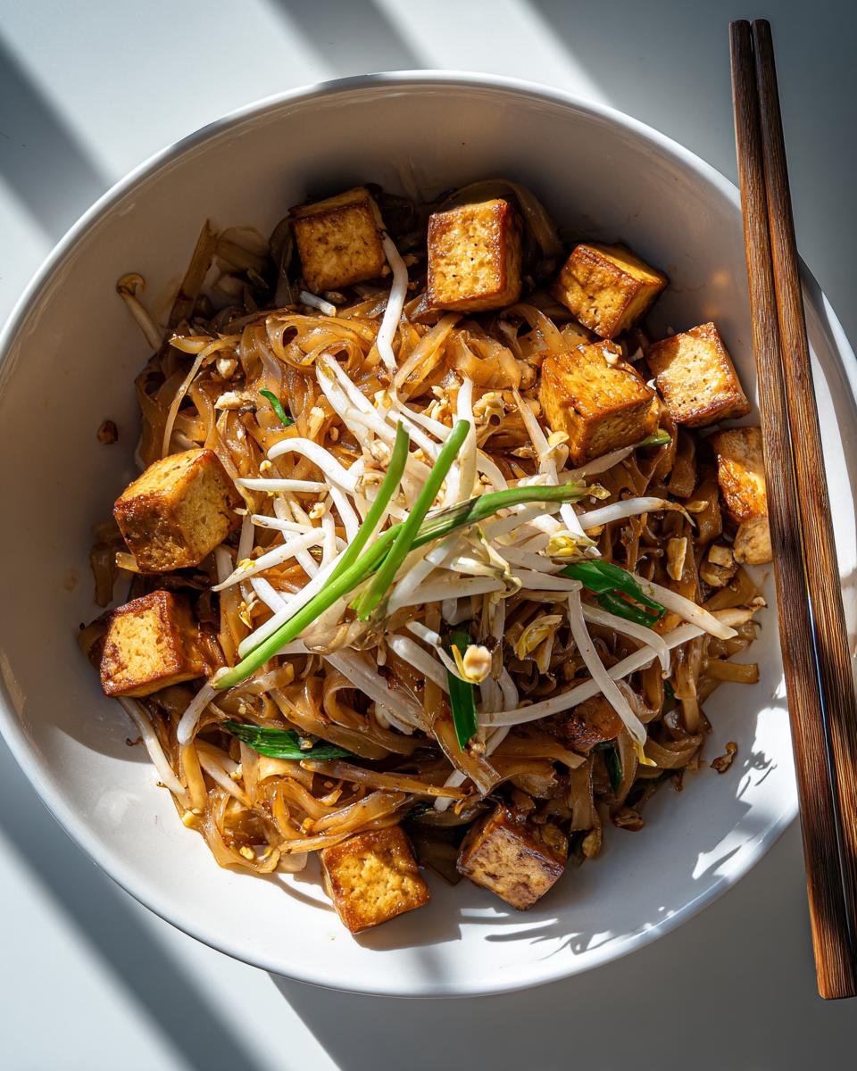 Overhead shot of Pad Thai with tofu, bean sprouts, and green onions in a white bowl with chopsticks.