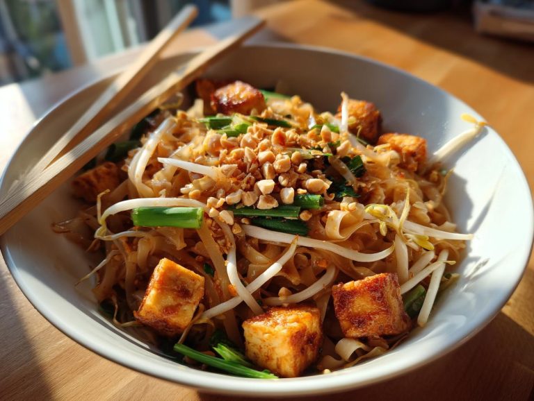 A bowl of Pad Thai with tofu, bean sprouts, peanuts, and green onions, ready to eat with chopsticks.