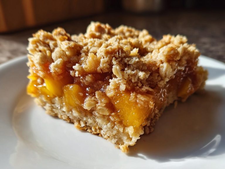 A single peach cobbler bar on a white plate, showcasing the layers of peaches and crumb topping.