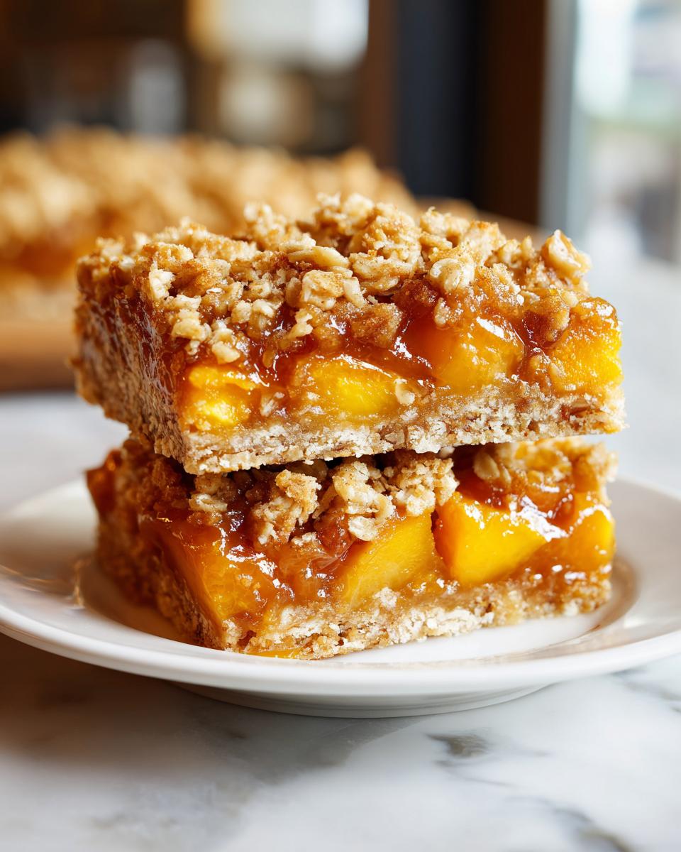 Two peach cobbler bars stacked on a white plate, showing the crust, peach filling, and crumble topping.