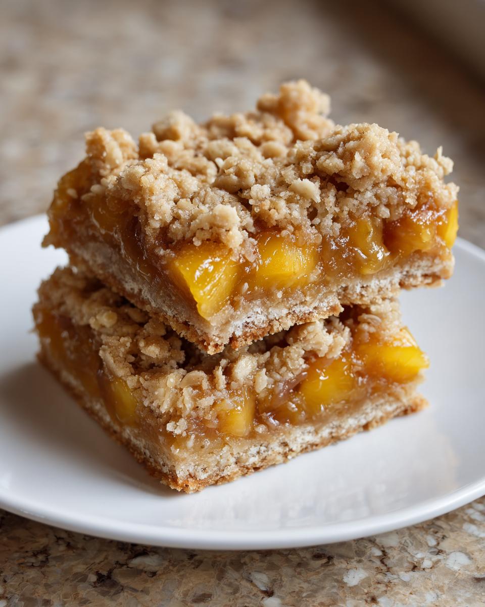 Two peach cobbler bars stacked on a white plate, showcasing the layers of crust, peach filling, and crumble topping.