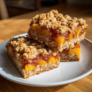 Three peach cobbler bars stacked on a white plate, showcasing the layers of peaches and crumble topping.
