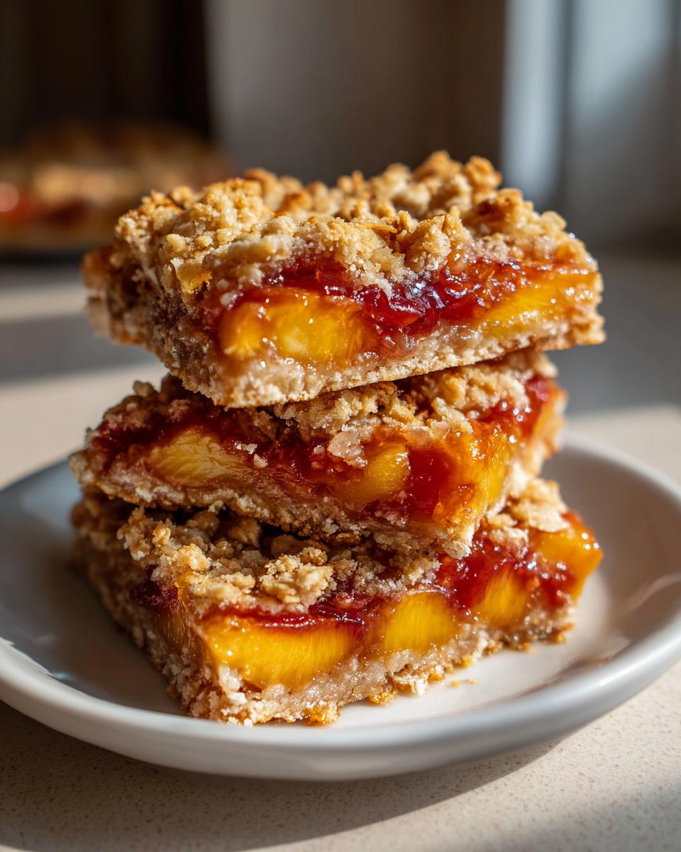 A stack of three peach cobbler bars on a white plate, showing layers of crust, peaches, jam, and crumble topping.