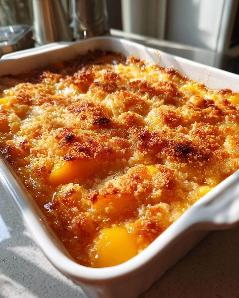 Close-up of a golden-brown baked Peach Dump Cake in a white baking dish, with bubbling peach filling visible.