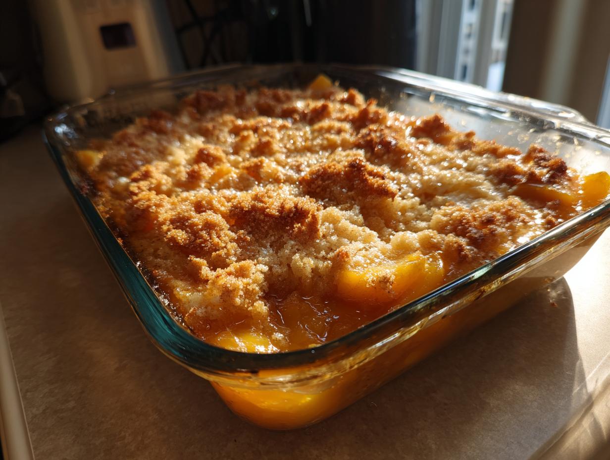 A close-up of a golden-brown, bubbly peach dump cake in a glass baking dish.