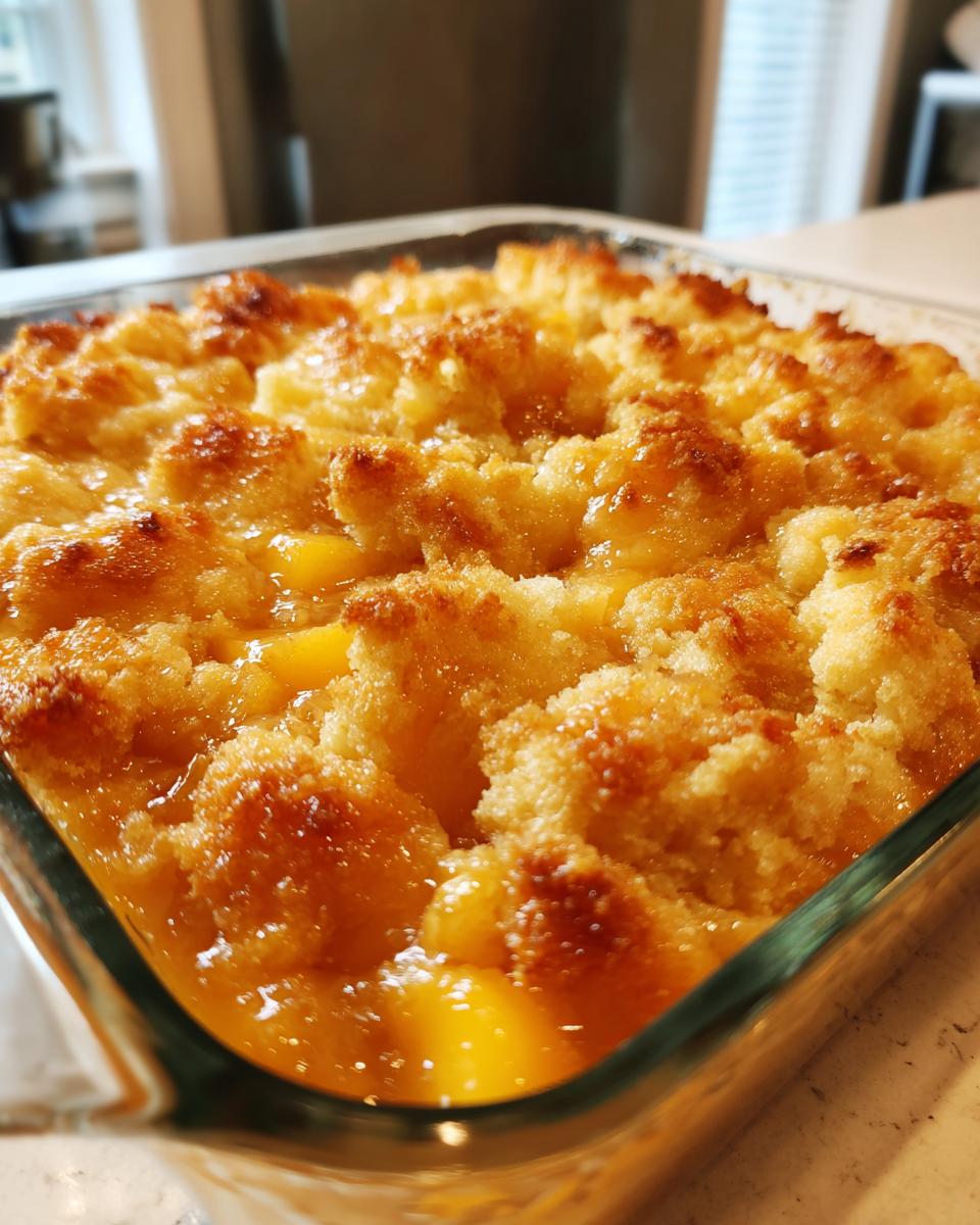 Close-up of a golden brown Peach Dump Cake in a glass baking dish, with bubbly peach filling.