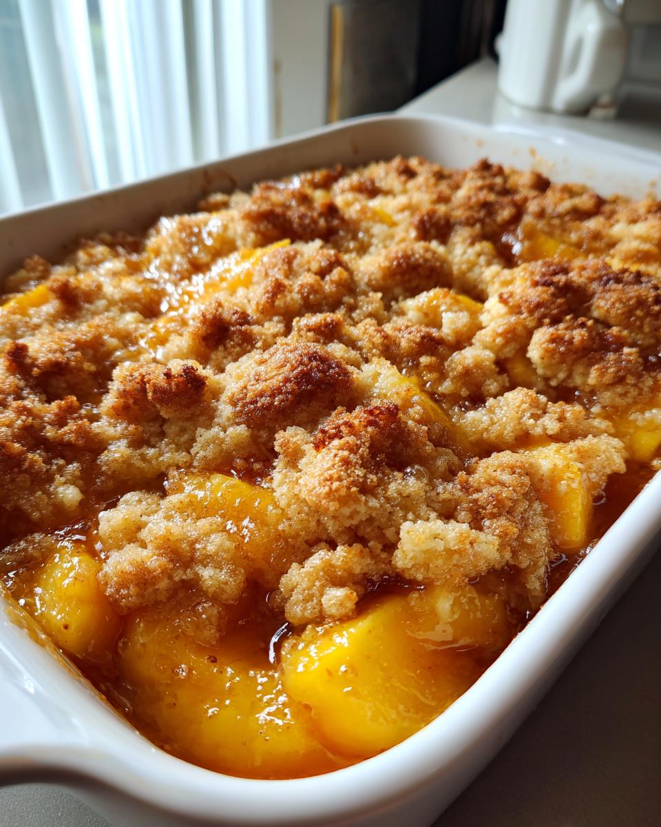 Close-up of a golden brown Peach Dump Cake with bubbling peach filling and a crumbly topping in a white baking dish.