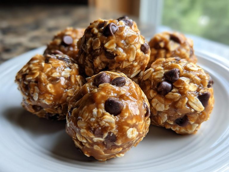 A plate of homemade peanut butter energy balls, studded with chocolate chips and oats.