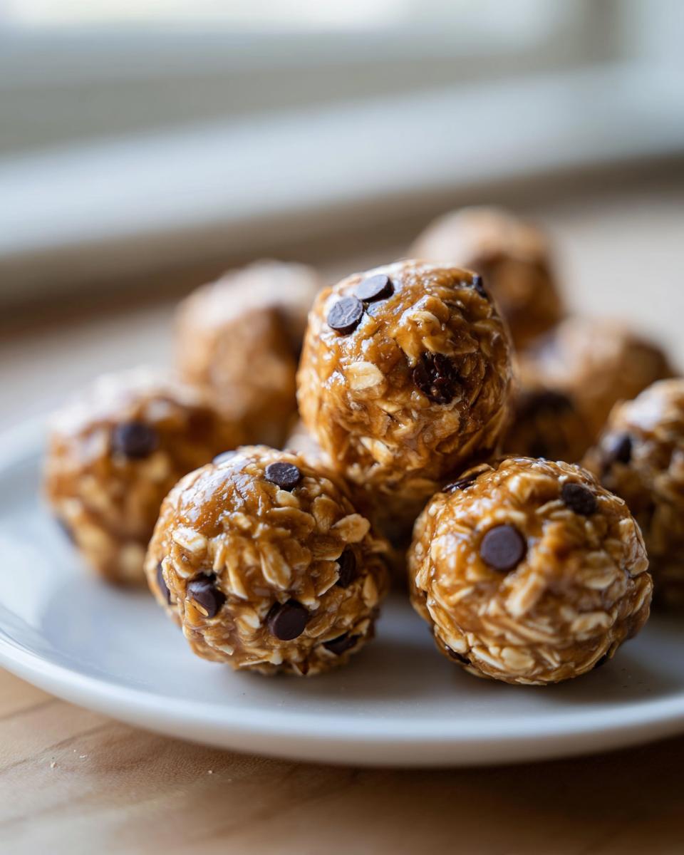 A close-up of peanut butter energy balls with oats and chocolate chips on a white plate.