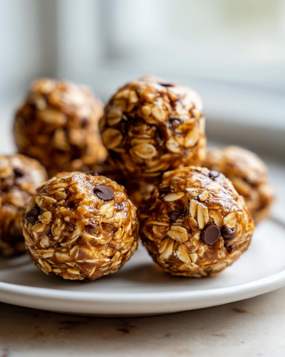 Close-up of homemade peanut butter energy balls with oats and chocolate chips on a white plate.