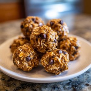A plate of homemade Peanut butter energy balls with oats and chocolate chips, ready to be devoured.